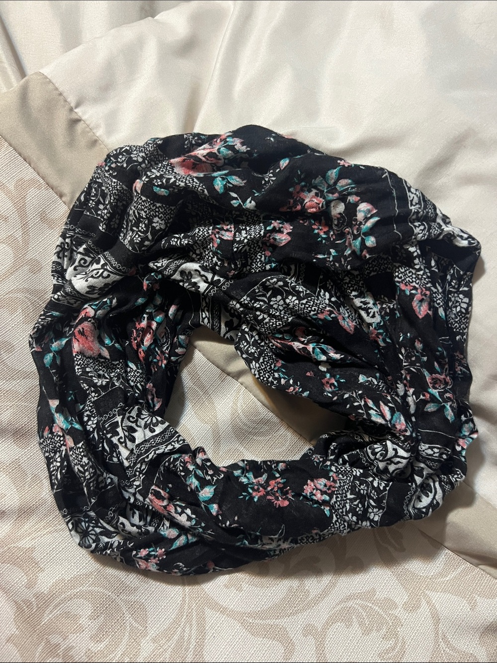Black Floral Infinity Scarf with Pink and Teal Accents